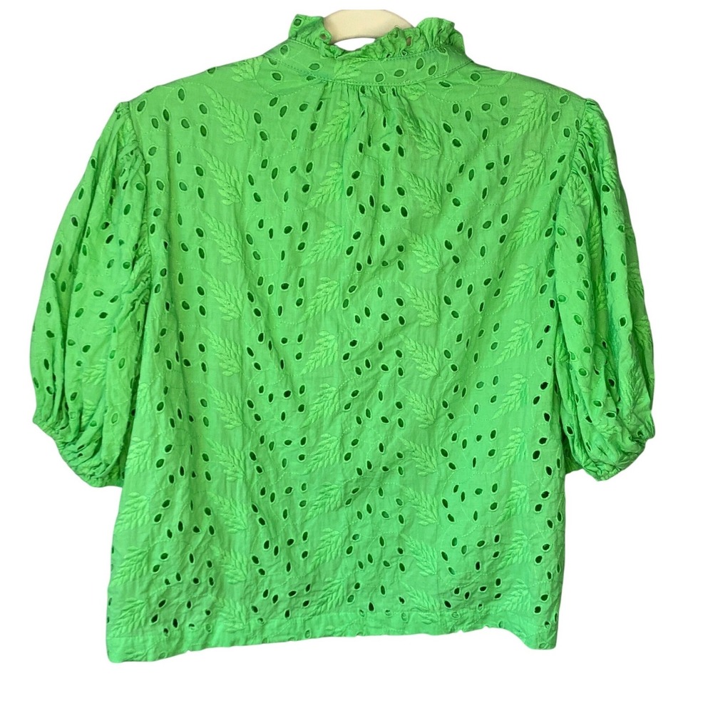 PINCH Green Eyelet Puff Sleeve Ruffle Neck Blouse Medium - Picture 2 of 12